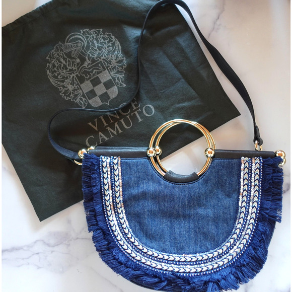 Vince Camuto Handbags - Vince Camuto Elia Fringe Denim Satchel Blue Ink Boho Leather Gold Bracelet Bag